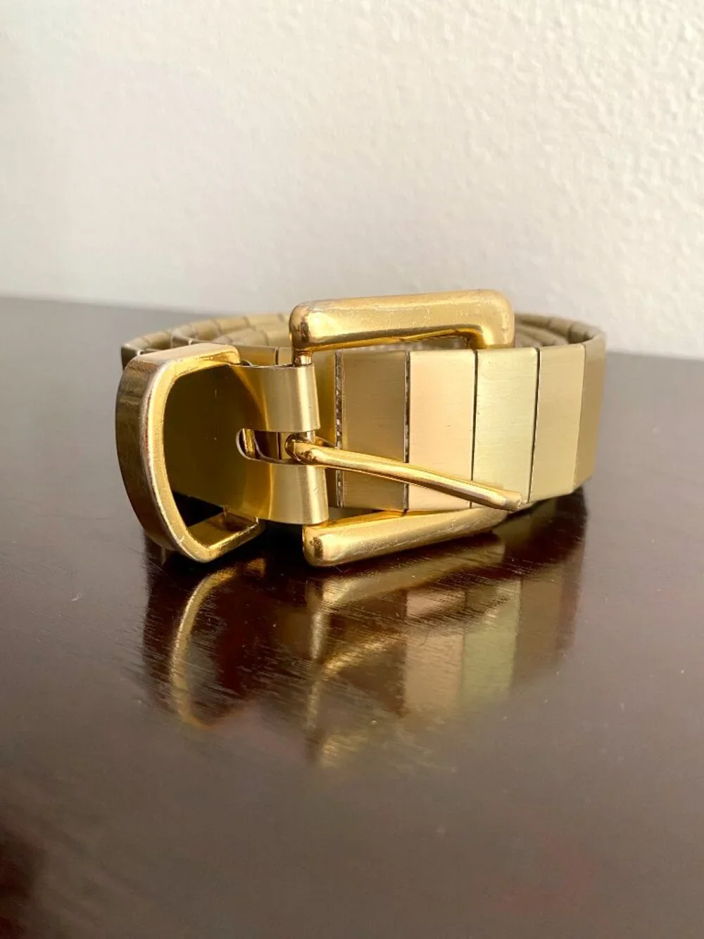Vintage Gold Tone Metal Segmented Stretch Belt with Rectangle Buckle